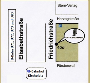 Anfahrtsskizze zur Friedrichstrasse 40d in 40217 Dsseldorf Optik Dienmann